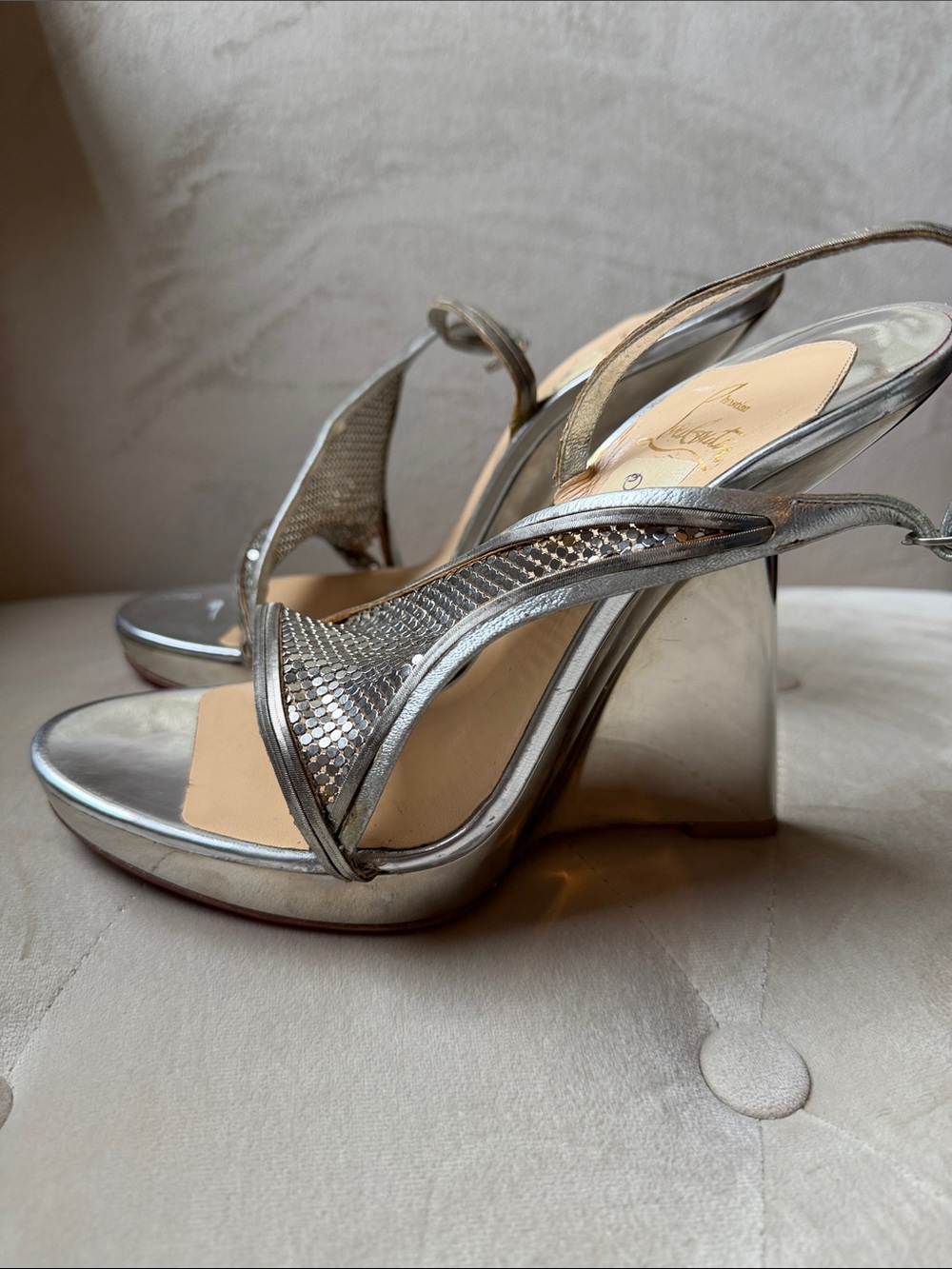 Christian Louboutin silver Metallic Wedge Slingback Sandals